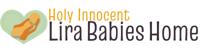 Logo for Lira Babies Home spelled out in orange and dark purple text. Next to the logo is an abstract graphic of a baby being held by two hands inside of a light green heart.